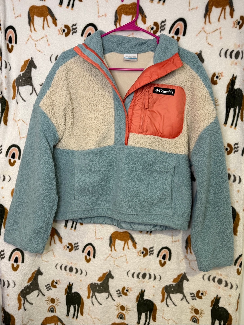 Columbia Sage Green, Cream & Coral Teddy Fleece Jacket